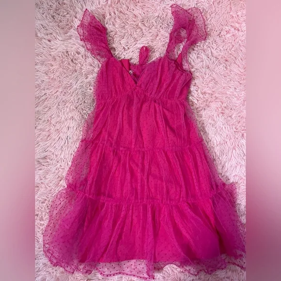Lush NWT Hot Pink Swiss Dot Tulle Tiered Mini Dress Ruffle Tie Straps Size S - Picture 2 of 5